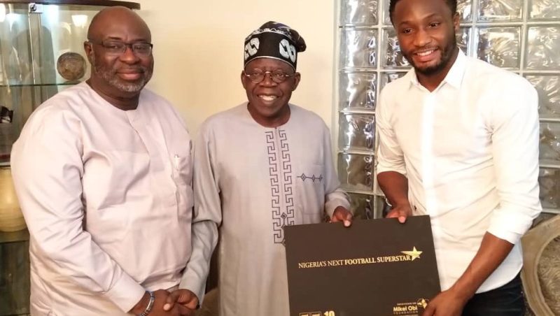 Mikel Obi, right with Bola Tinubu, centre to promote Football talent hunting project