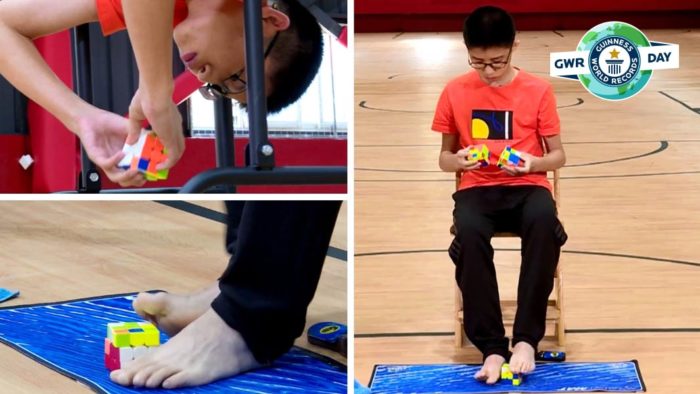 Que Jianyu solving Rubik’s cubes with hands and feet