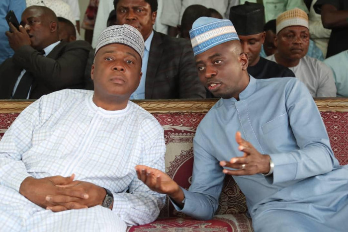 National Leader of the Peoples Democratic Party (PDP) and President of the Senate, Dr. Abubakar Bukola Saraki with the 2019 Kwara State Governorship candidate of the PDP, Hon. Razak Atunwa, during a reception for over 5,000 youths who defected from the All Progressives Congress (APC) to the PDP in Ilorin, on Sunday.