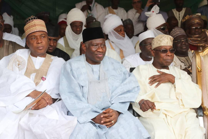 The two former Presidents with the President of the Senate at the Turbaning of Atiku