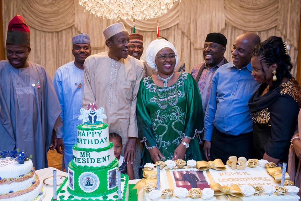 Buhari, birthday President, with wife Aisha, in group photo with some governors and ministers