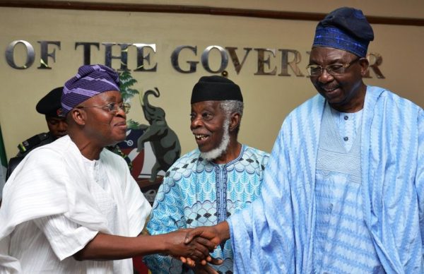 File: Afenifere leaders Pa Ayo Fasanmi and Senator Biyi Durojaiye with Governor Gboyega Oyetola: endorse Buhari, Osinbajo re-election