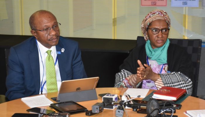 The Governor, Central Bank of Nigeria, Mr Godwin Emefiele, with the Minister of Finance, Budget and National Planning, Mrs. Zainab Ahmed, at the news briefing on Nigeria’s participation in the just-concluded World Bank/IMF Annual Meetings in Washington, United States on Sunday, Oct. 20, 2019