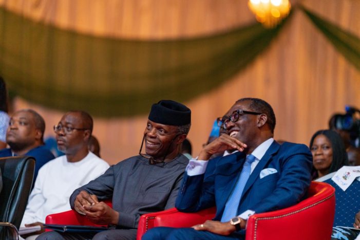 Vice President Prof. Yemi Osinbajo and Gov. Ifeanyi Okowa of Delta chatting during the Council on Development meting aimed at reducing poverty